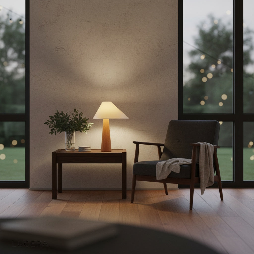 Kermes table lamp illuminated on dark wooden shelf with books and ceramic vase