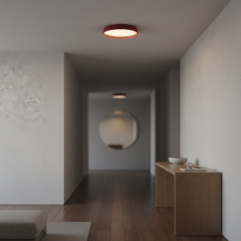 Xenith ceiling fixture glowing in stylish entryway with neutral decor