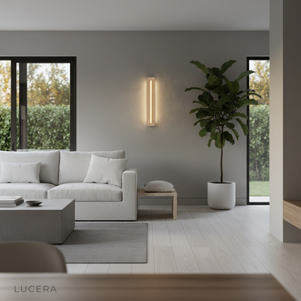 Yves travertine wall lamp lit in bedroom corner with cozy evening atmosphere