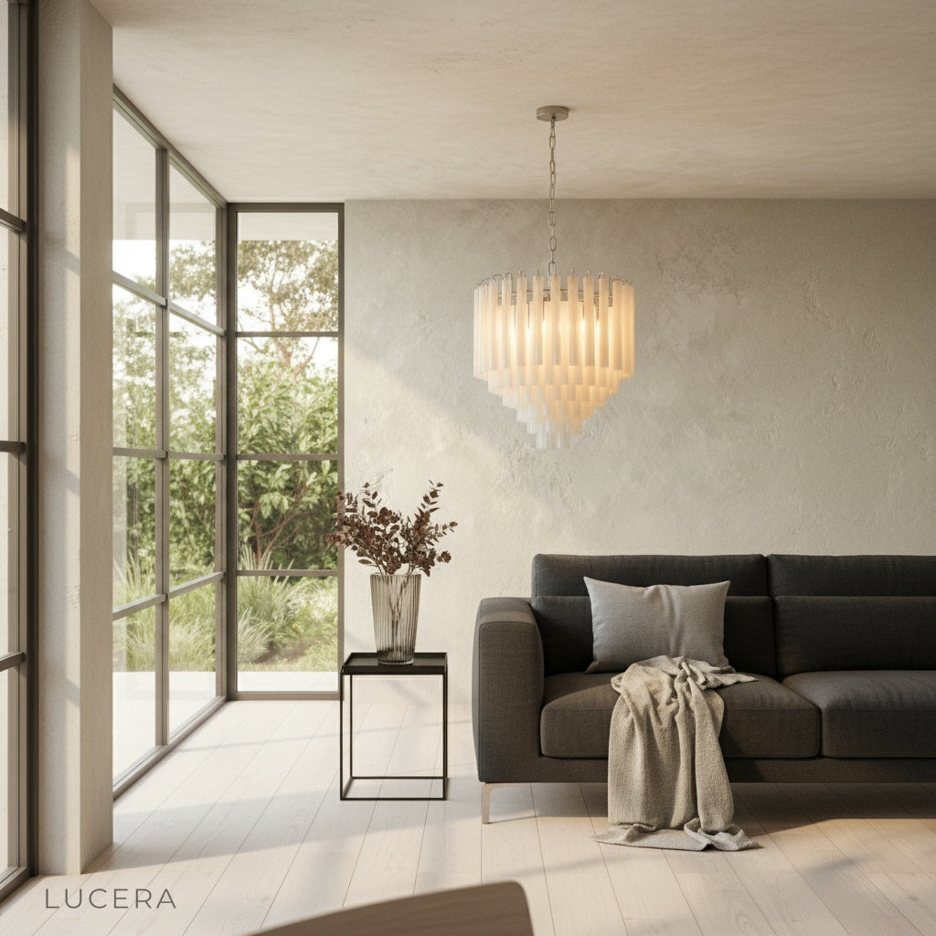 Grain Chandelier casting warm ambient light in cozy minimalist bedroom