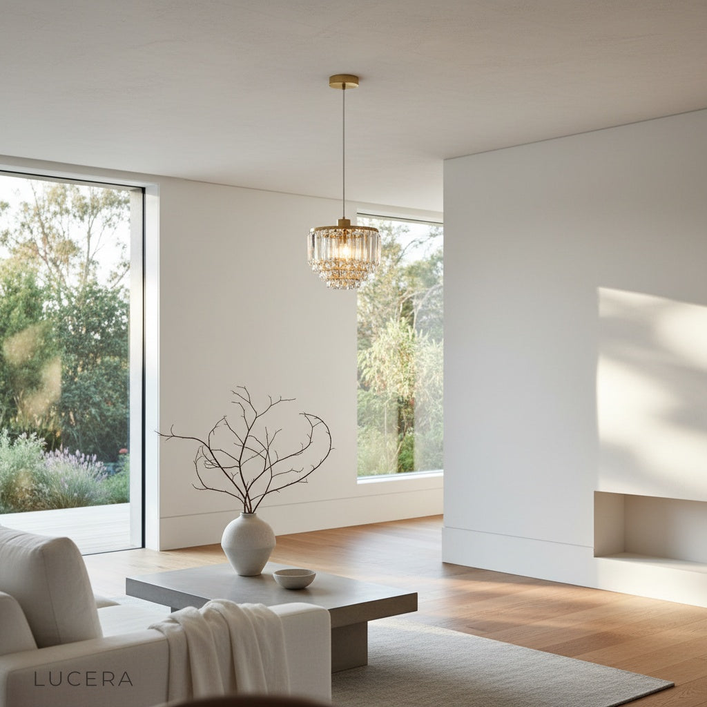 Tiered crystal diamond pendant light above kitchen island in chic interior setting
