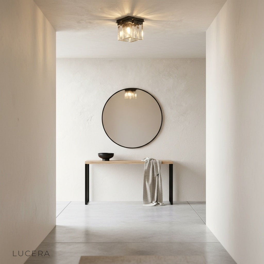 Zephyr Indian Red ceiling light illuminating contemporary dining space with dramatic light and shadow