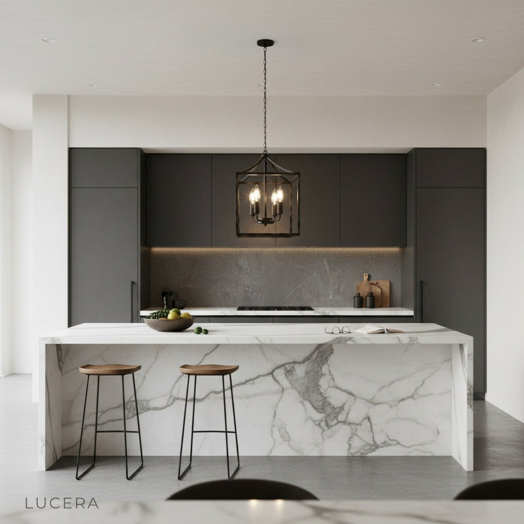 Sacristan three-bulb pendant light in cozy living room with ambient evening lighting