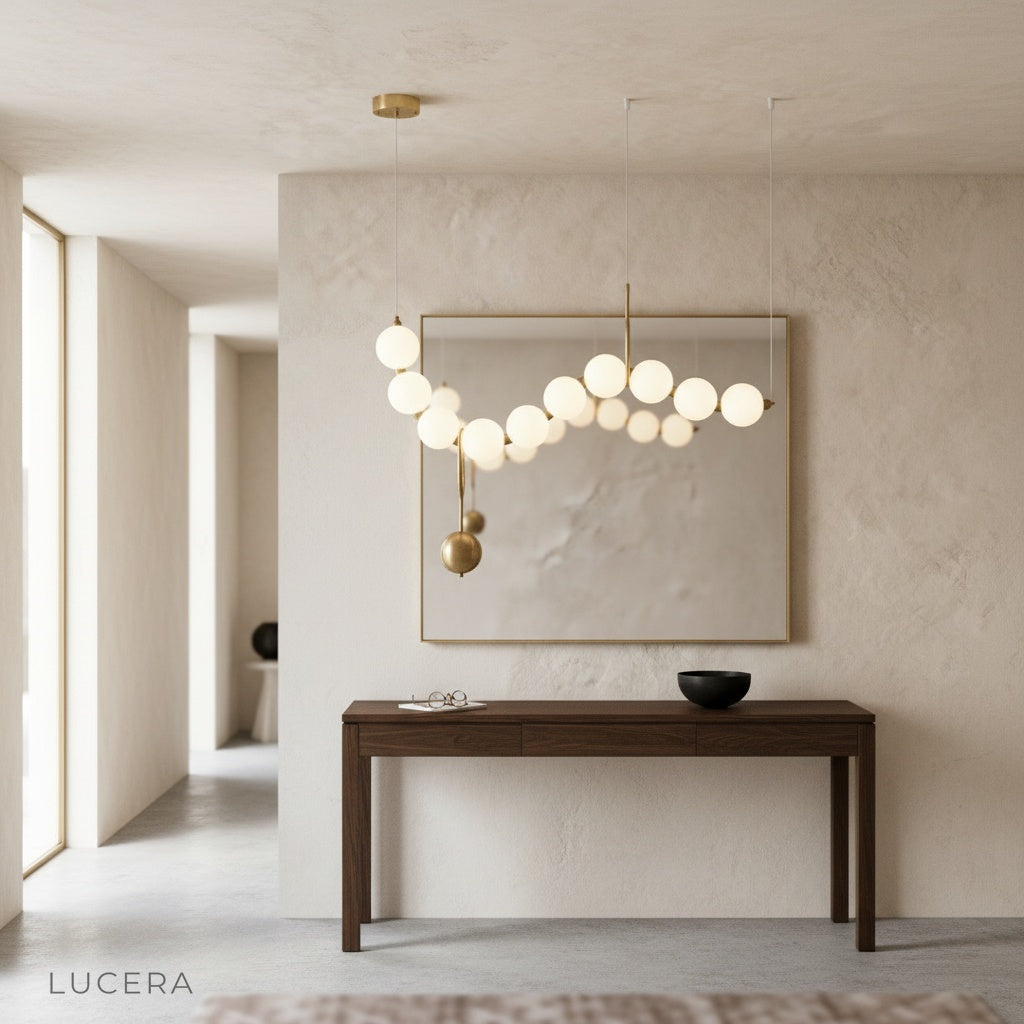 Sanctify chandelier glowing warmly in a cozy indoor setting at night