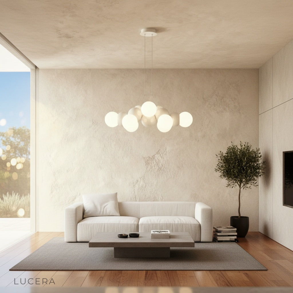 evening shot of Lucera Fascia pendant light in bohemian lounge with plants and textiles