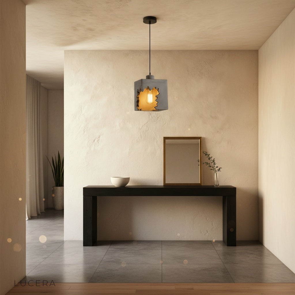 Nighttime shot of Enthrall concrete pendant light with dramatic light rays in a dark hallway