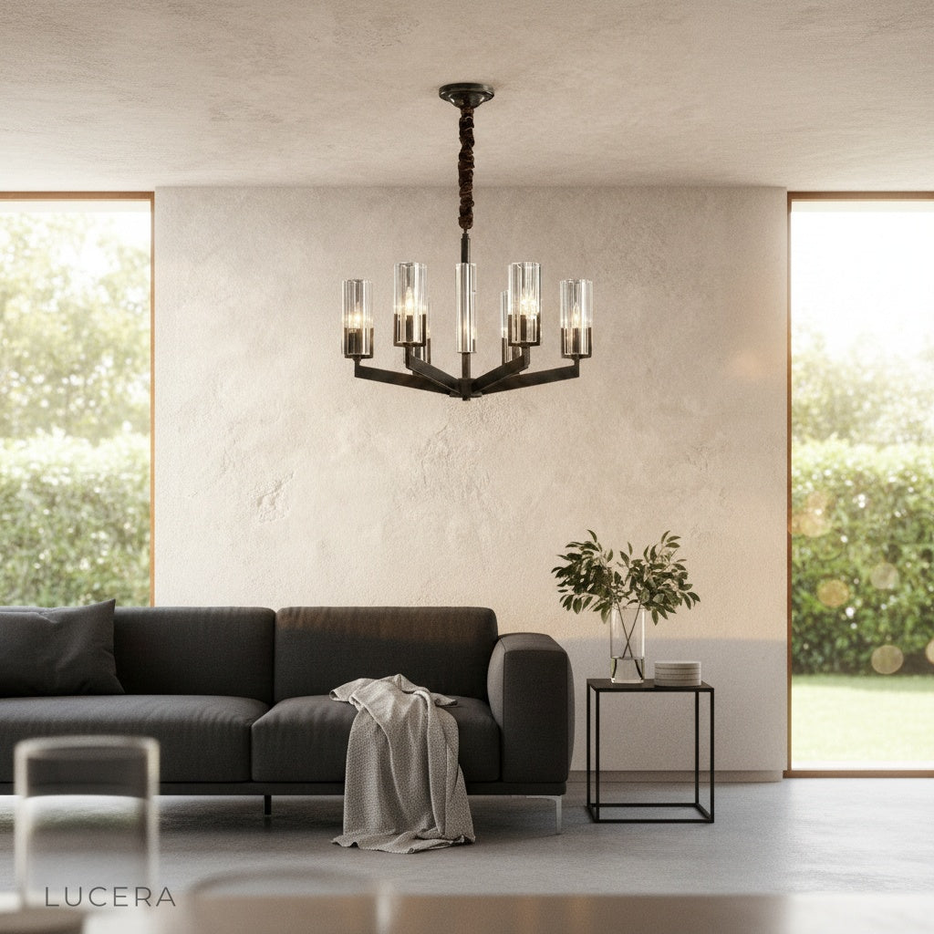 Garnish chandelier in open-concept kitchen island area with soft diffused glow
