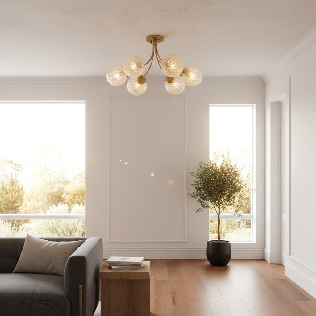 Glaucous ceiling light glowing at dusk in minimalist interior with high ceiling