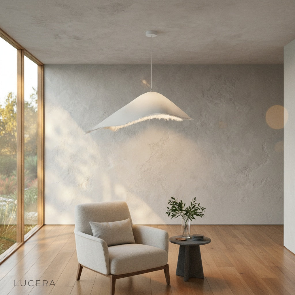 sculptural Illuminate pendant light above rustic wooden table in industrial loft
