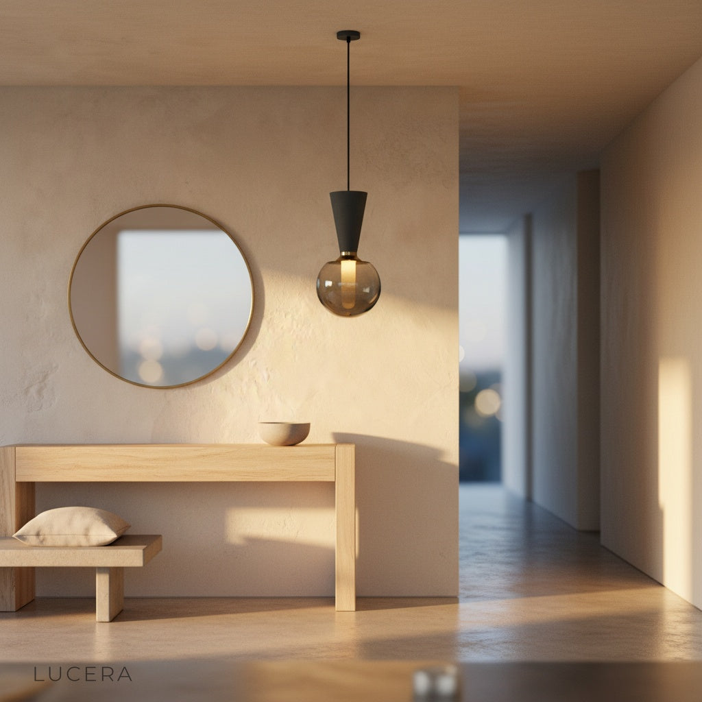 Ivan pendant light as statement piece in dark moody hallway with exposed brick wall