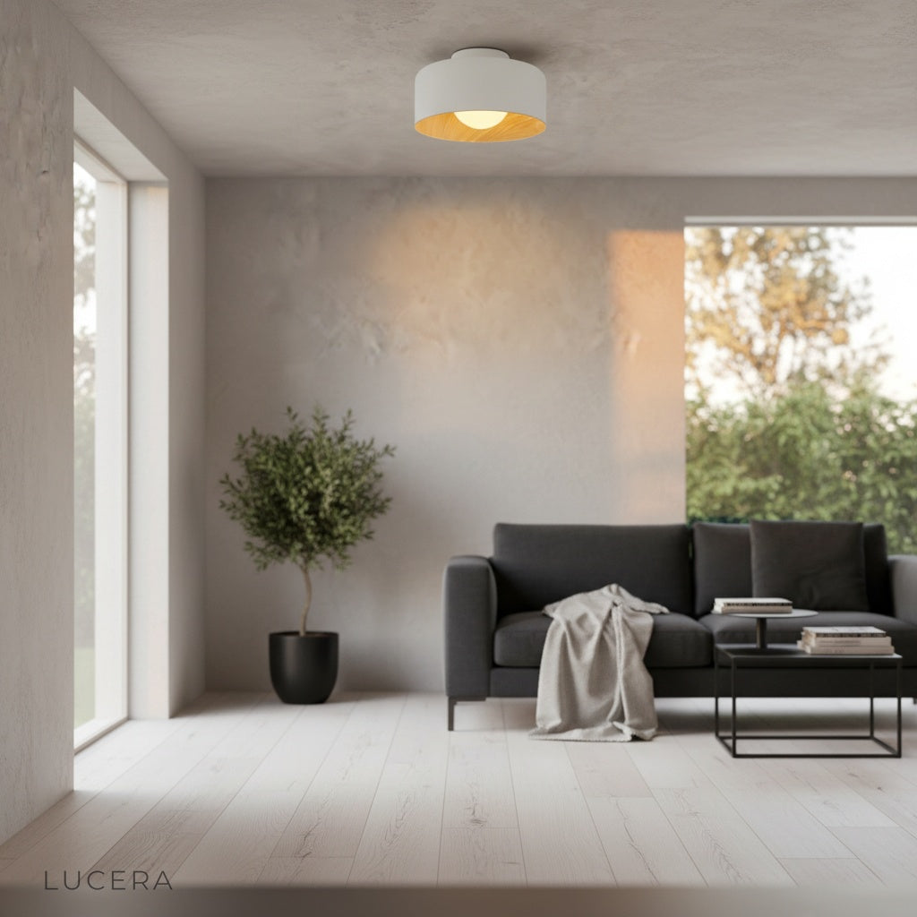 white ceiling light with acrylic ball glowing in elegant entryway with neutral decor