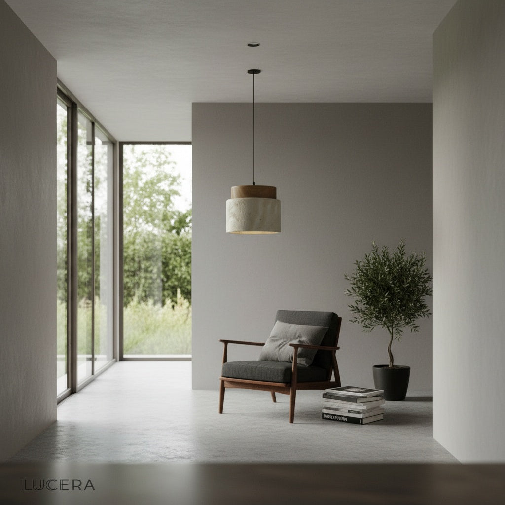 Tenebra ceiling light hanging in minimalist dining room with wood and stone tones