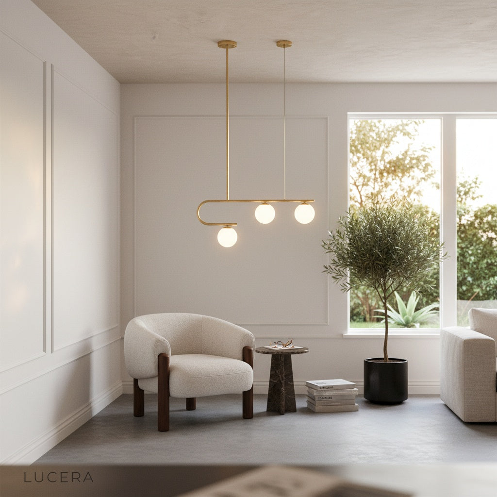 nephrite linear chandelier with warm led bulbs glowing against dark accent wall in lounge