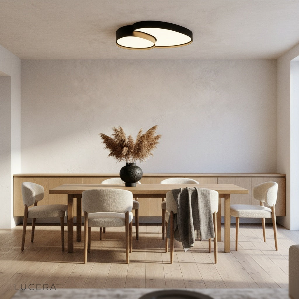 Yielding ceiling light glowing warmly in a stylish living room with plants and soft shadows