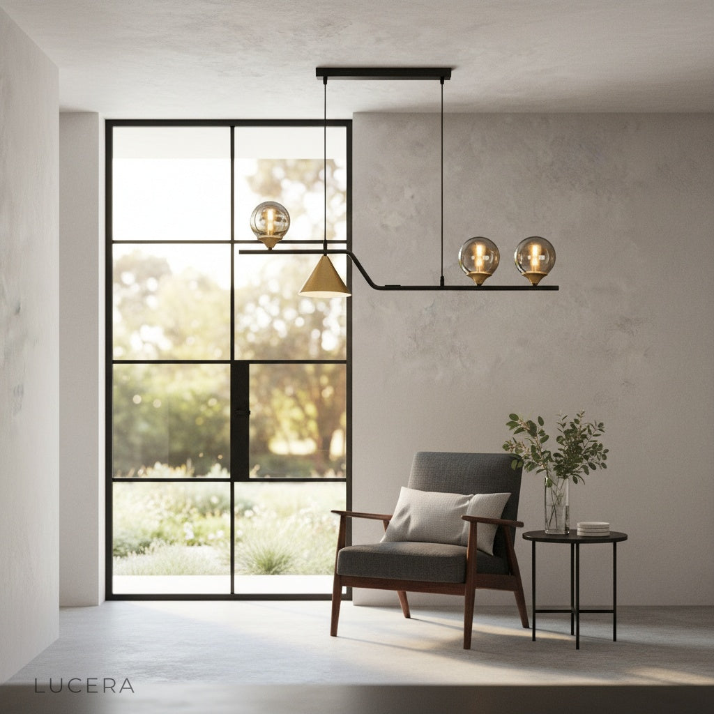 Trappist pendant light suspended in a bright hallway with elegant architectural details