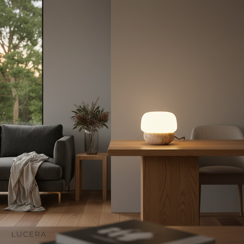 Jut Table Lamp casting ambient light on a Scandinavian desk in a cozy evening room