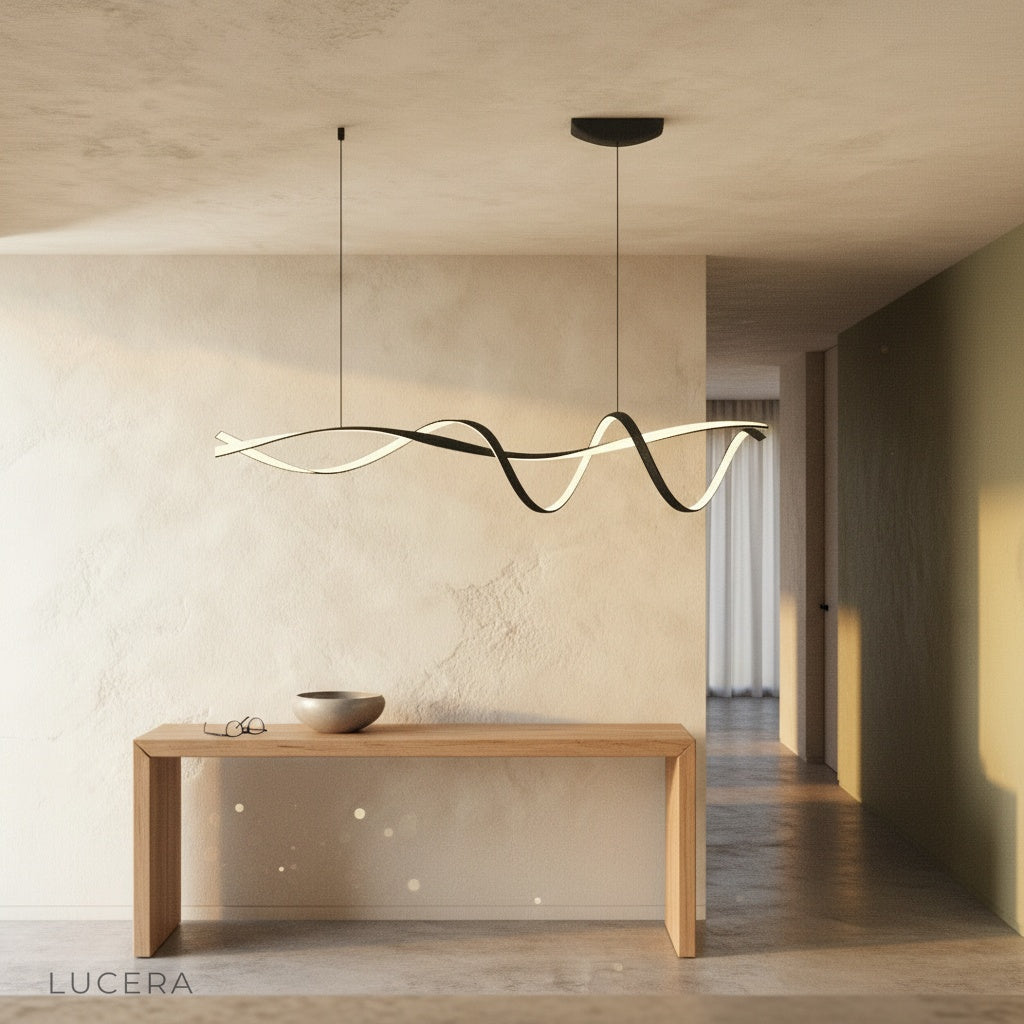 Benedictine pendant light as statement piece above marble console in entryway