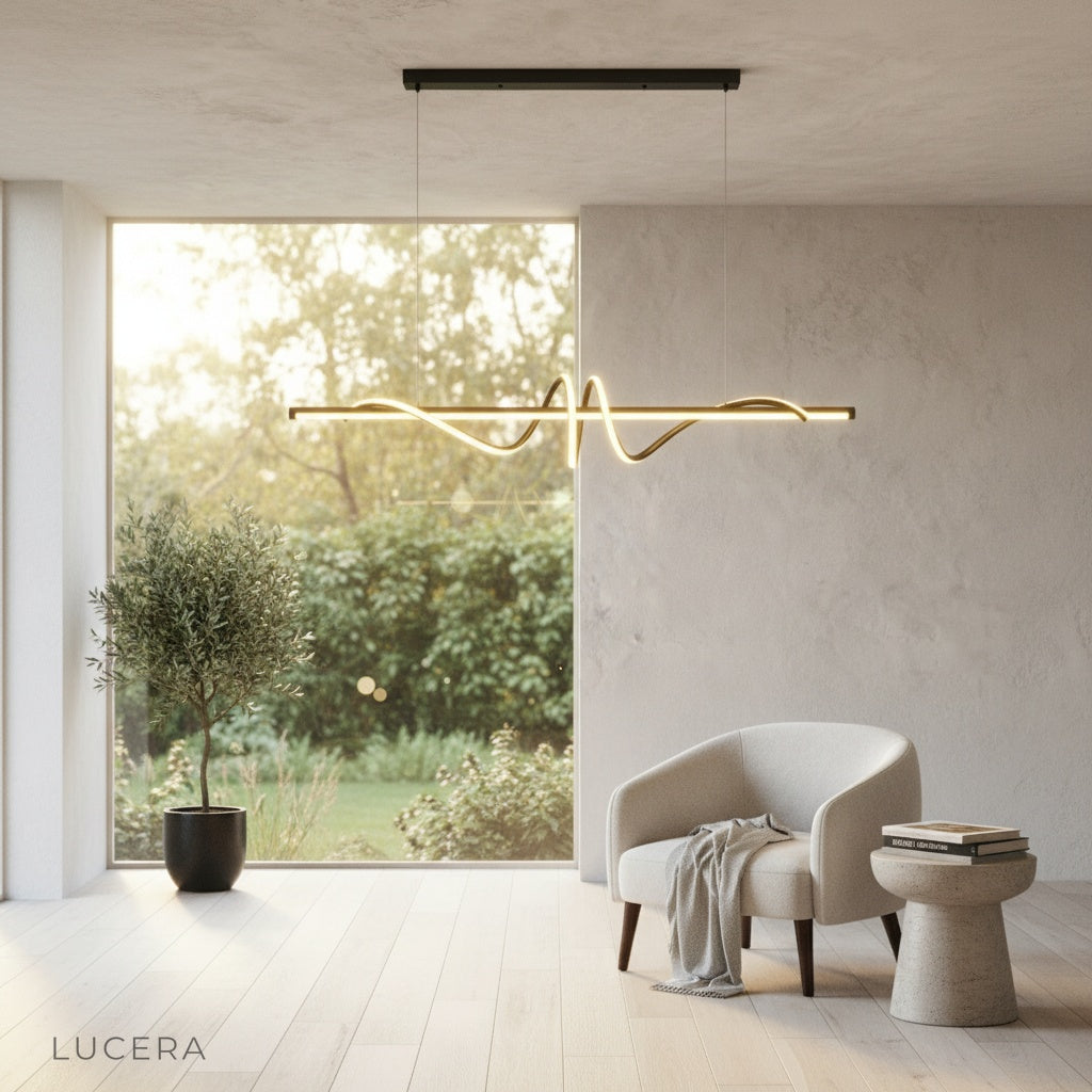 Umbral pendant light as focal point in an open-plan living area with plants and natural light