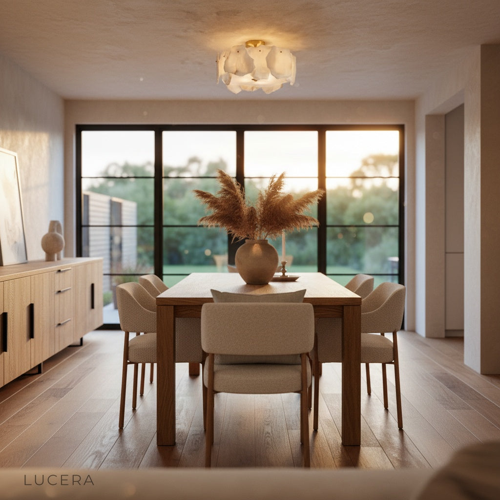 Fulgurant ceiling light hanging above entryway with copper base and marble petals in soft daylight
