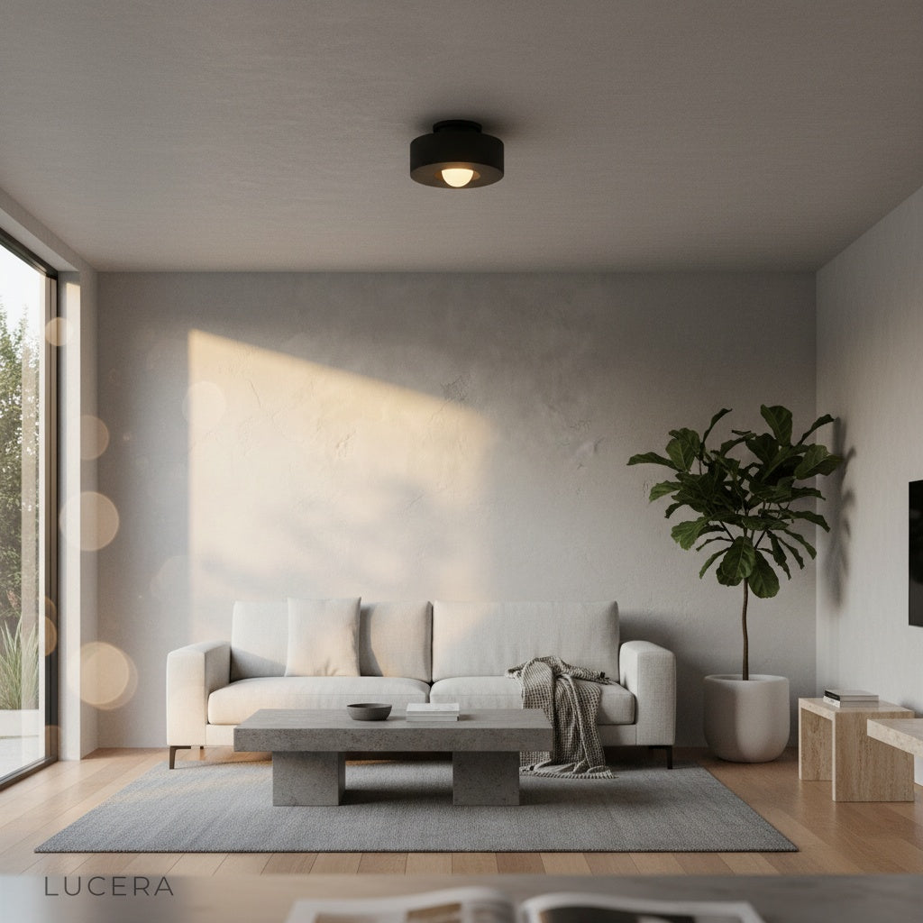 latch ceiling light in dark hallway creating focused downward illumination