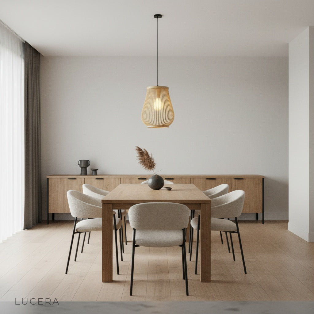 natural bamboo pendant light suspended over cozy reading nook with soft afternoon sunlight