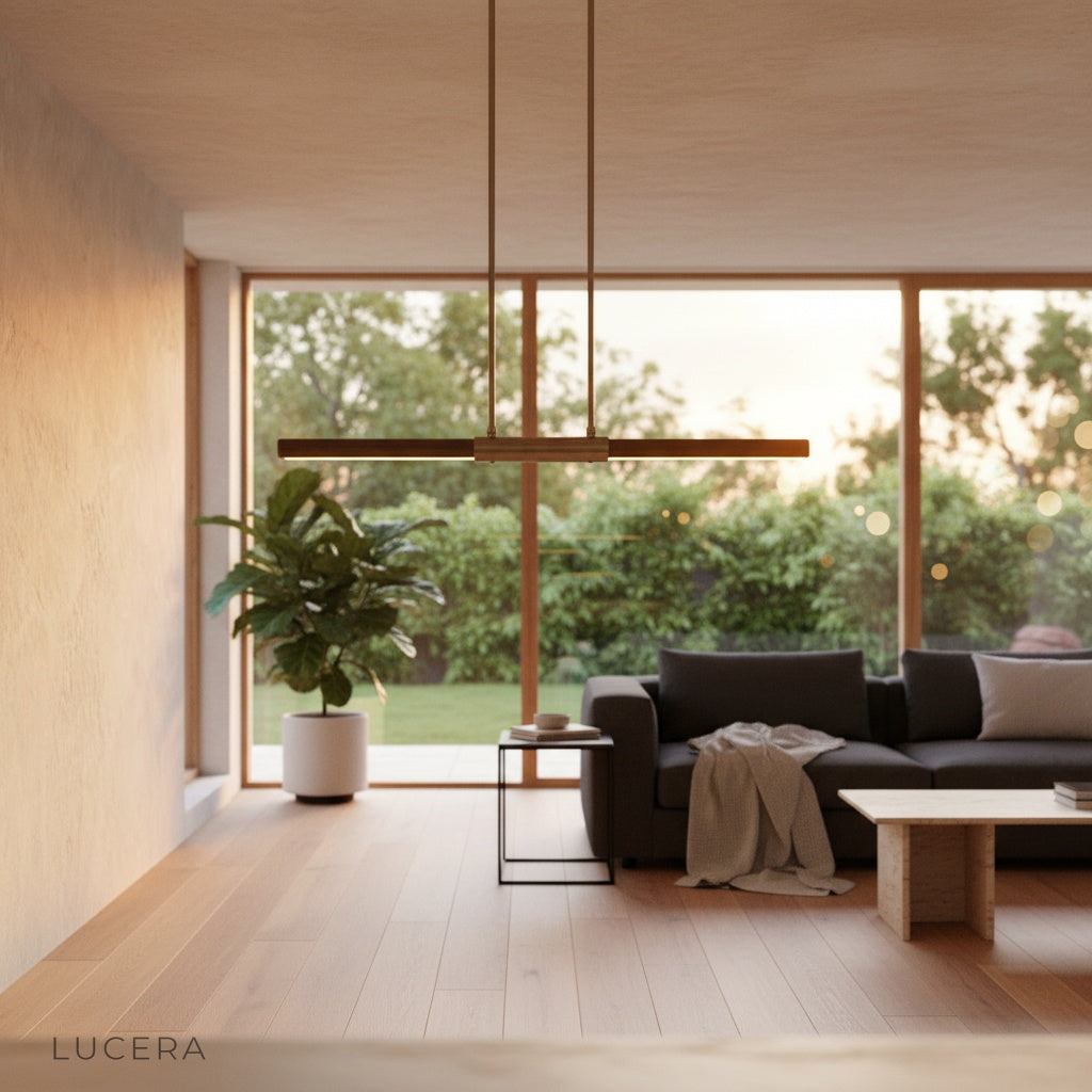 Griselda pendant light suspended over a reading nook with books and plants