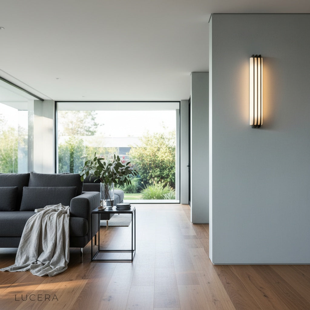 sculptural marble wall lamp in cozy reading nook with soft shadows