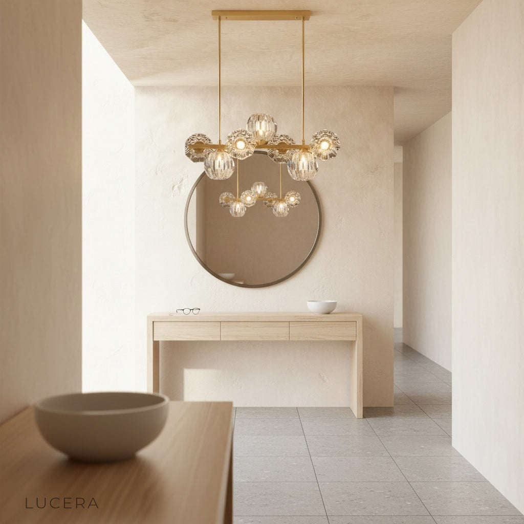 Unisono Linear Chandelier at dusk in stylish loft apartment with city view window