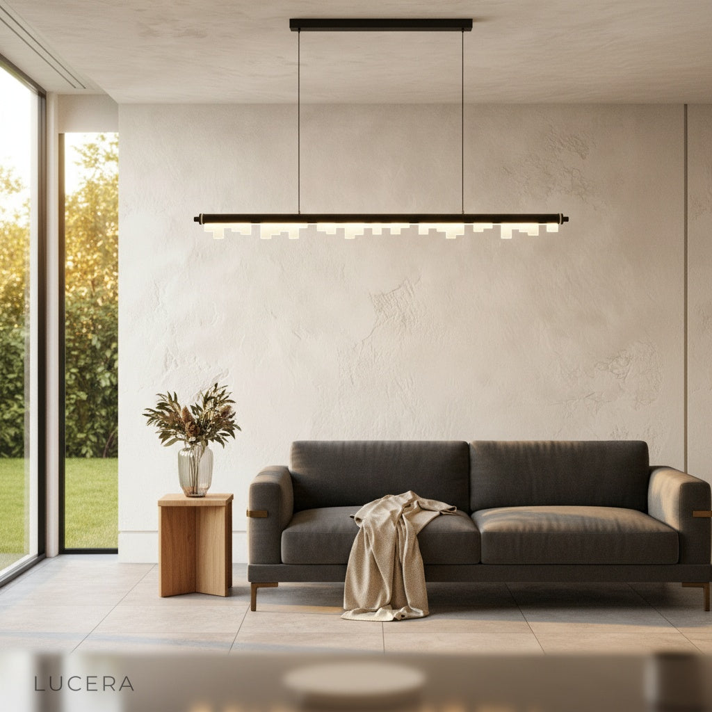 Evening ambiance shot of the Fascinating Pendant Light illuminating a chic restaurant or cafe table