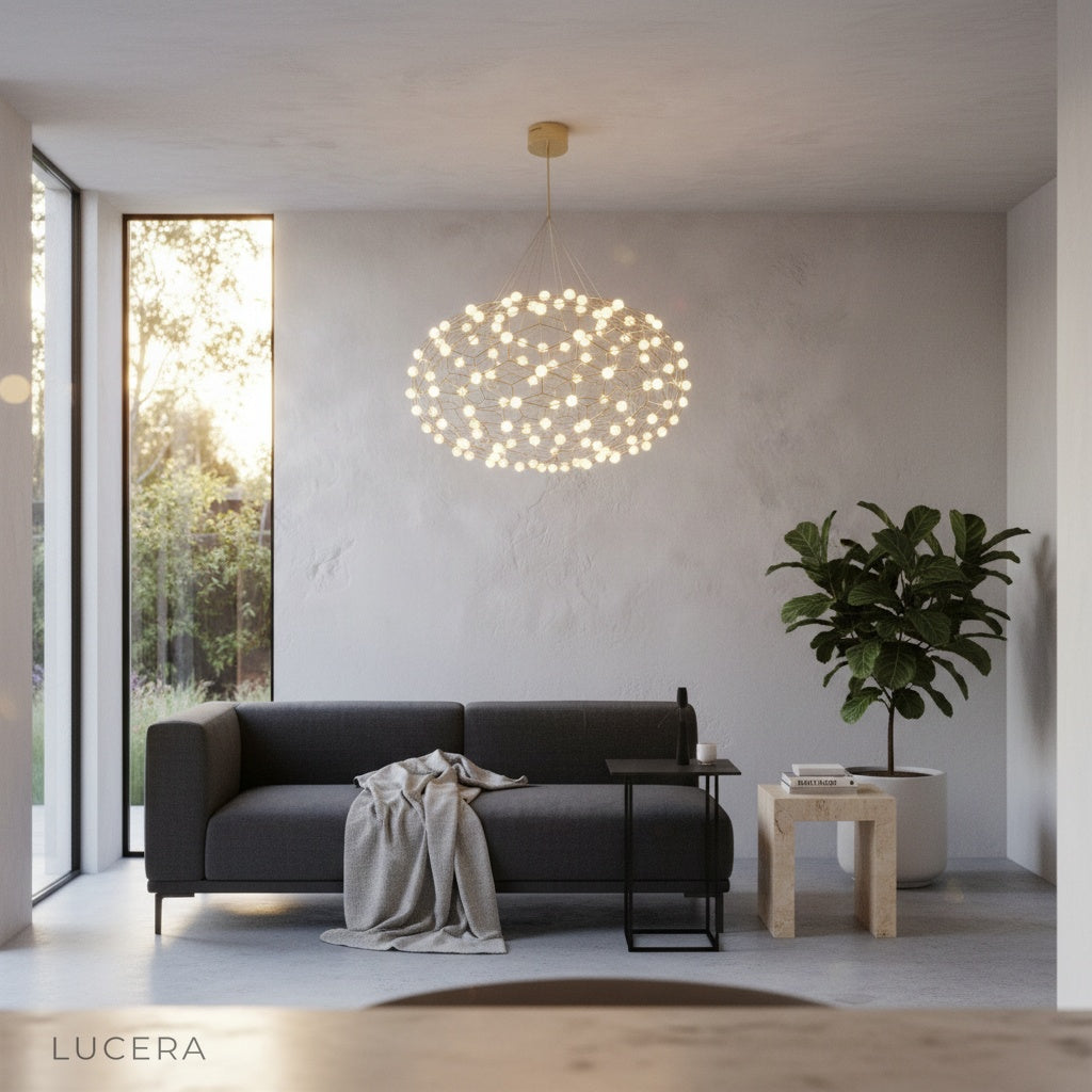 Hippolyta Chandelier hanging in minimalist bedroom with warm LED light casting gentle glow on walls