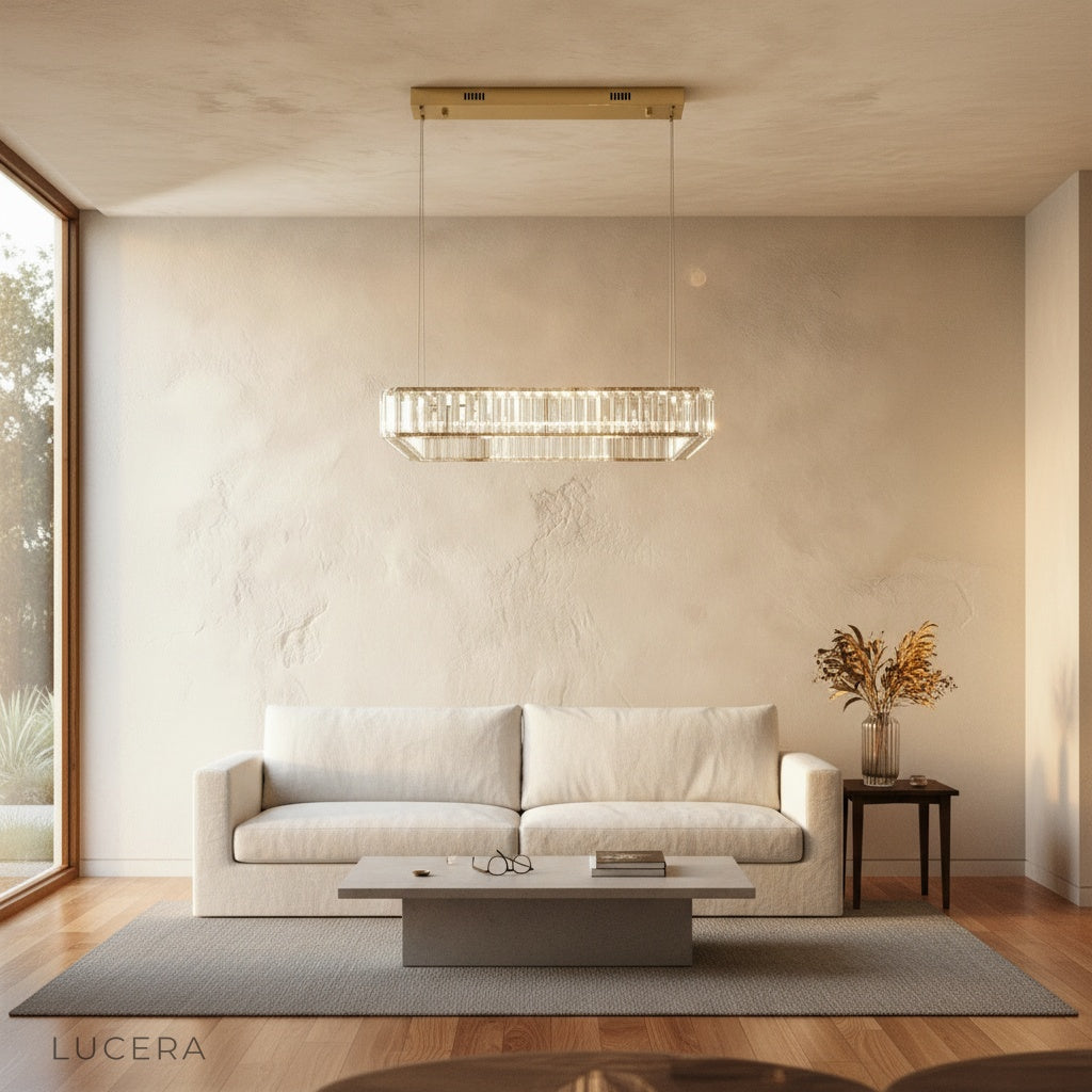 Benedetta chandelier with multicolor LED glow over a dark elegant bar counter