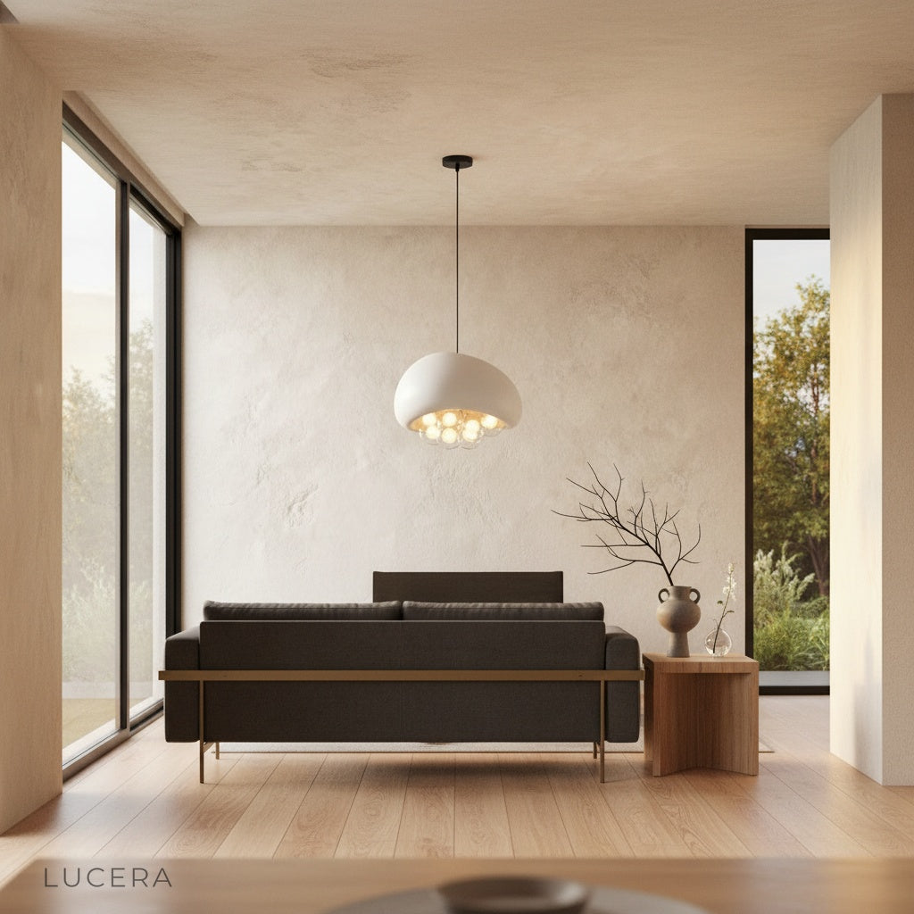 Incense pendant light as focal point above rustic wooden kitchen island