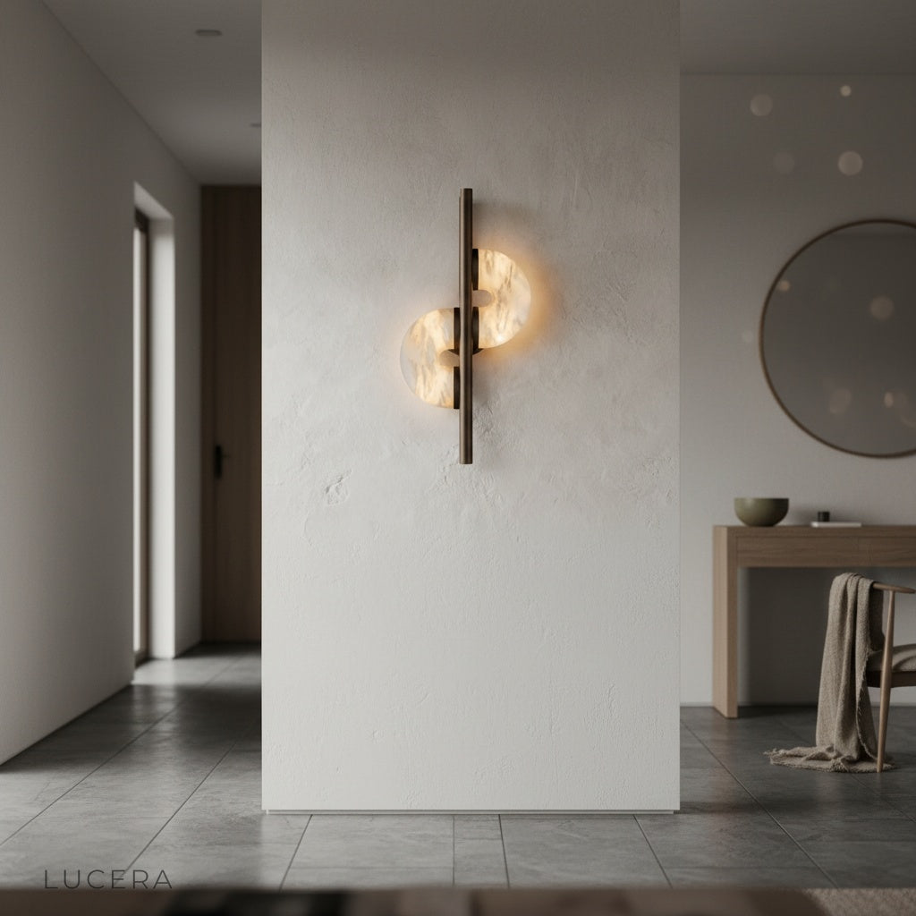 nighttime living room scene with Inception lamp creating cozy sophisticated atmosphere