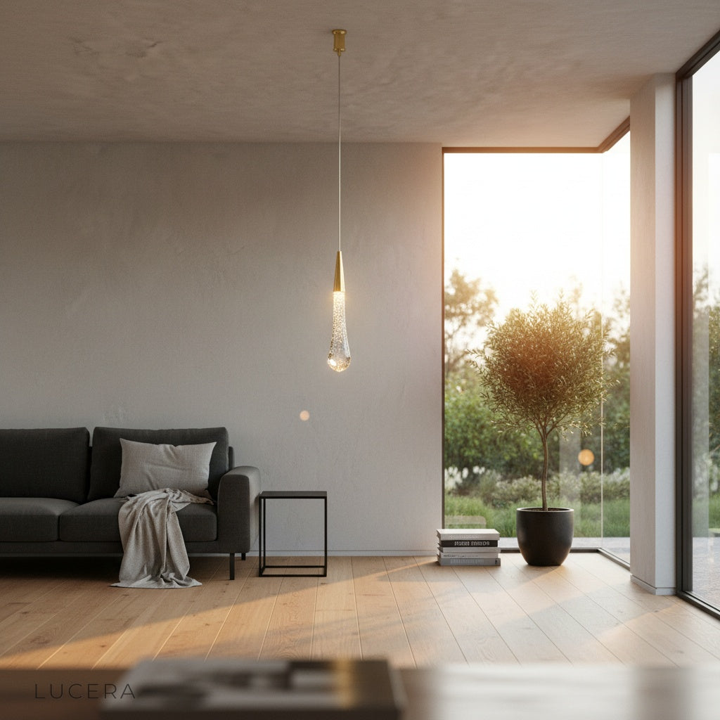 Aureate light glowing at dusk in open-plan lounge with floor-to-ceiling windows