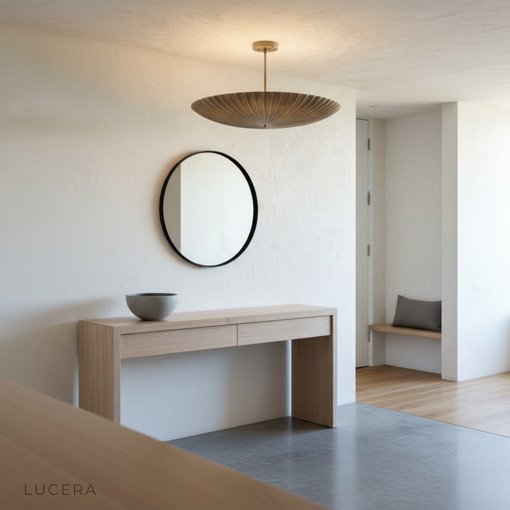 Nighttime lifestyle shot of the Motion Pendant Light casting soft shadows in a minimalist hallway