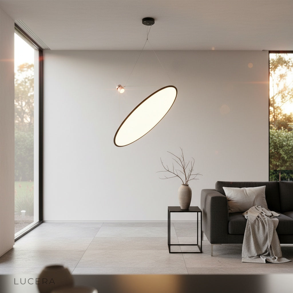 overhead view of round pendant light with white panel above modern wooden countertop