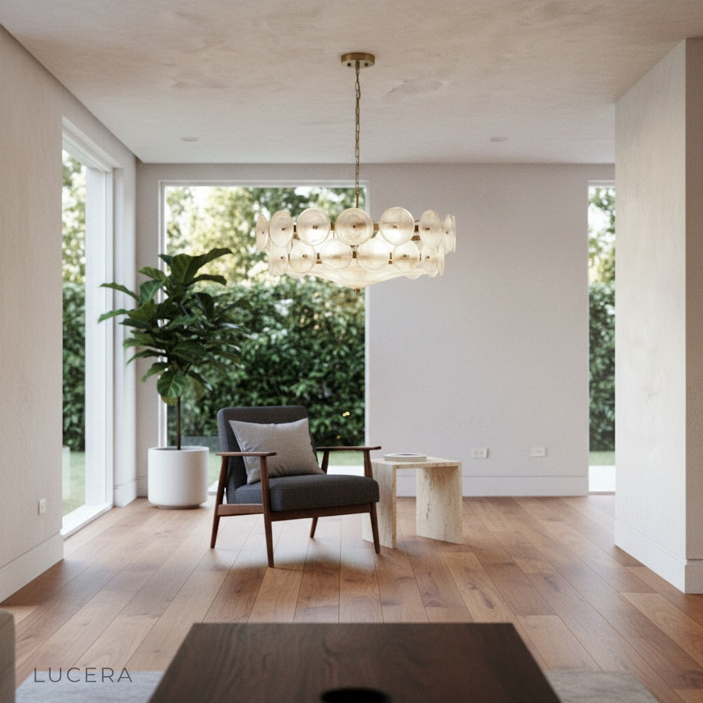 Kore chandelier in a minimalist bedroom setting with soft evening illumination