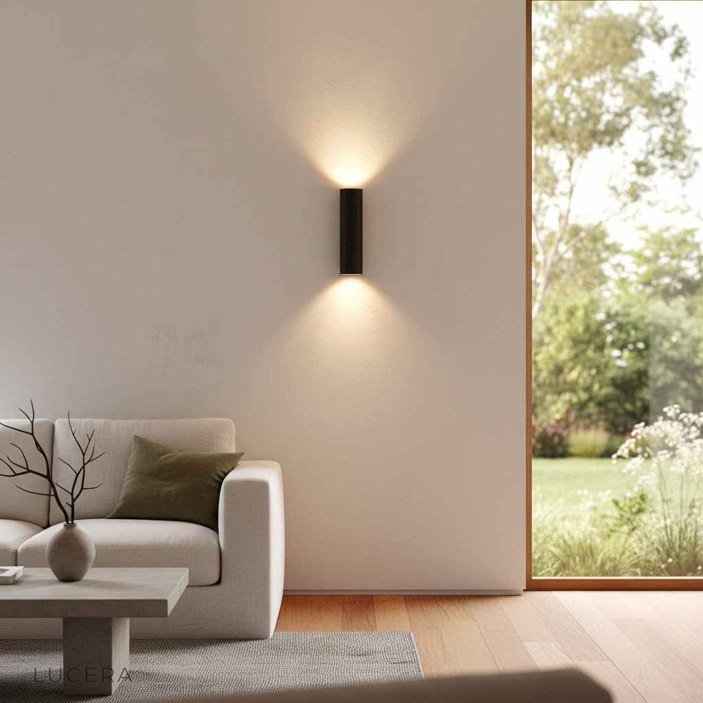 black travertine sconce in minimalist entryway with soft evening glow