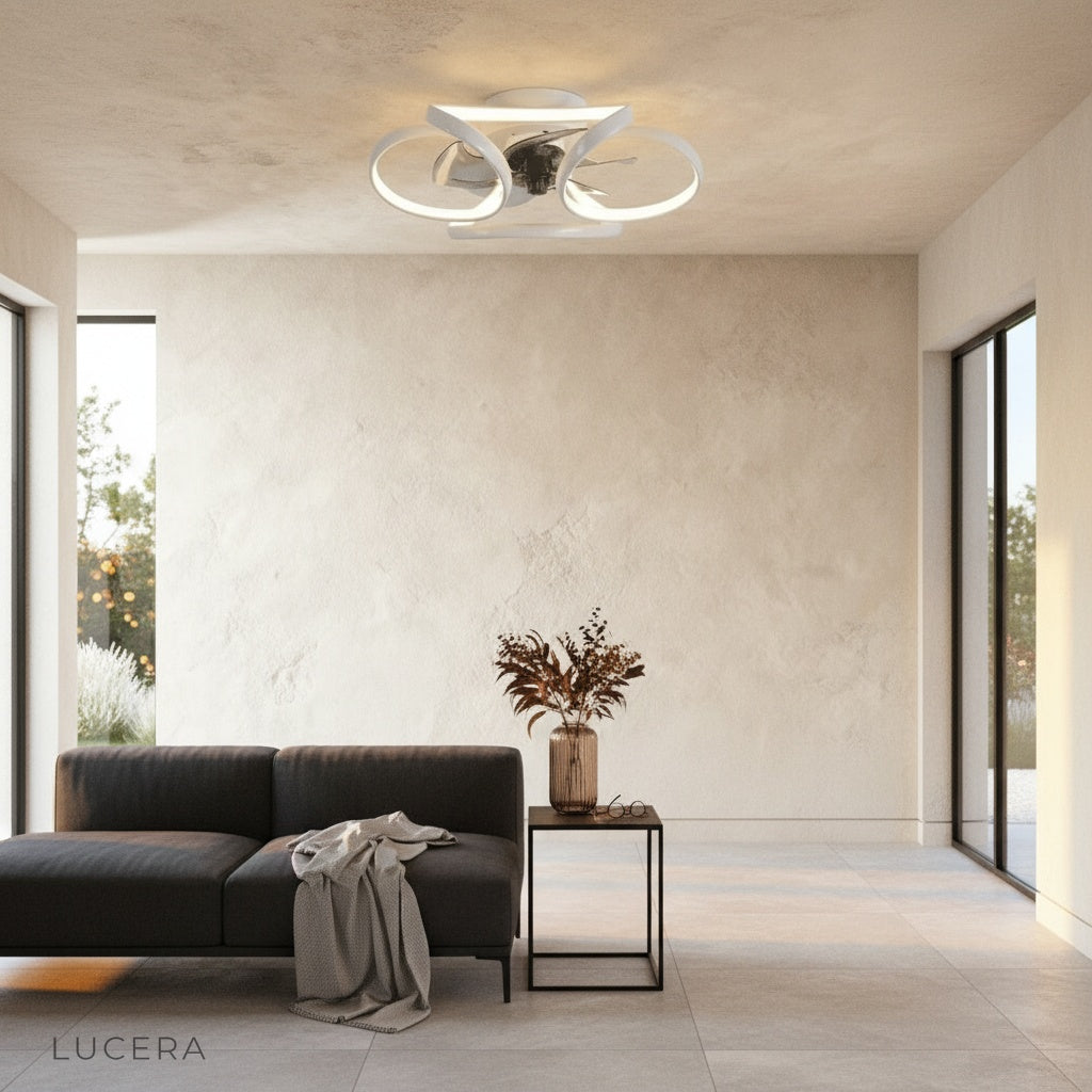 elegant ceiling fan with integrated light in modern hallway with wood accents