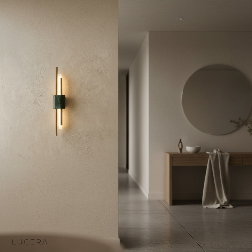 Xyloid wall lamp in bedroom corner casting cozy glow on textured bedding