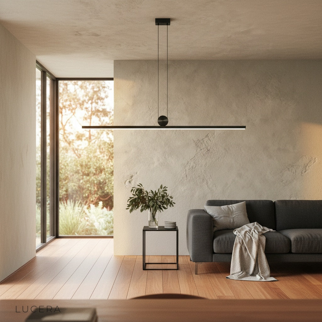 Eleonora pendant light suspended over minimalist hallway bench with natural light streaming through window
