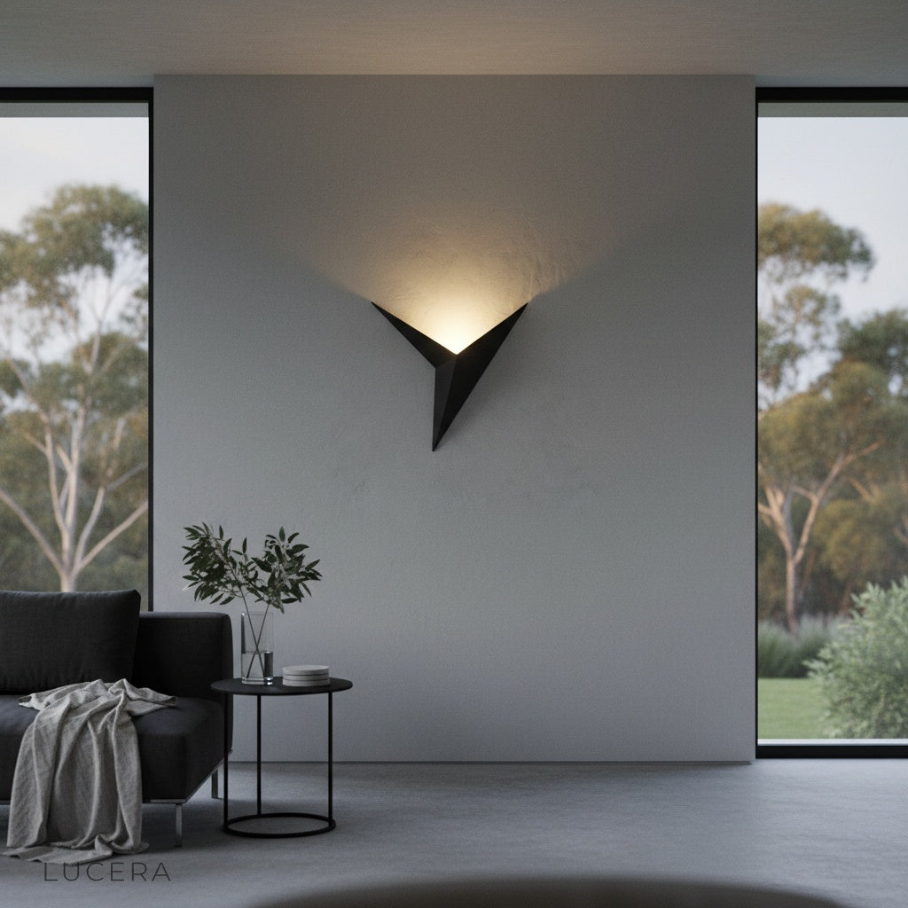 Koa wall lamp in outdoor covered patio with warm dusk lighting
