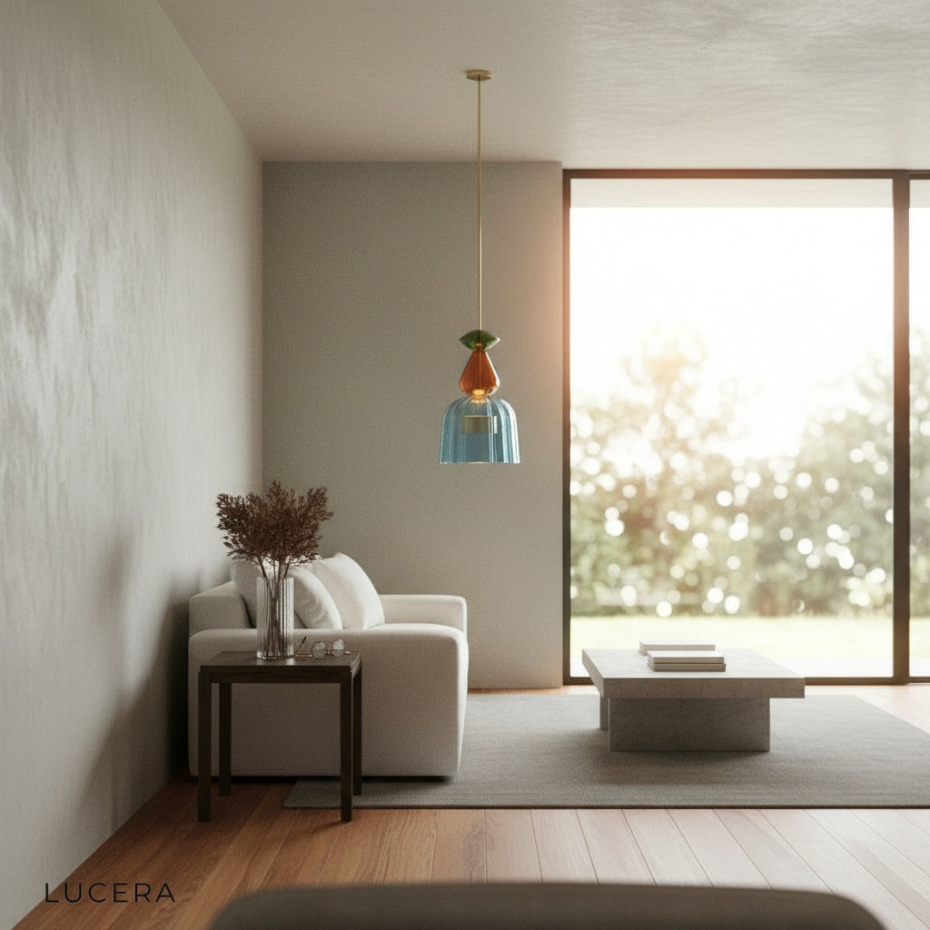 Ira stained glass pendant light in a minimalist hallway, ambient evening lighting with jewel tones