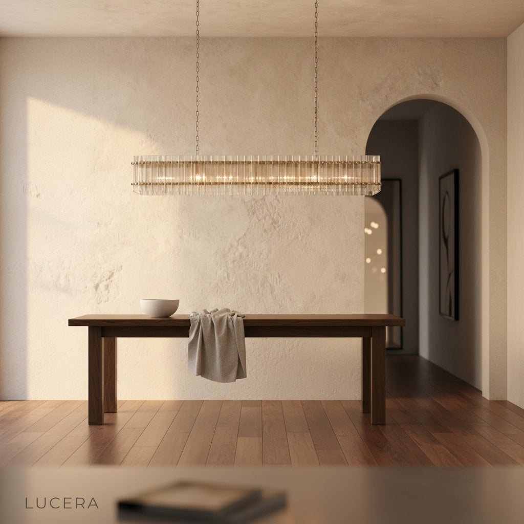 Boulevard Linear Chandelier as centerpiece in grand foyer with high ceiling
