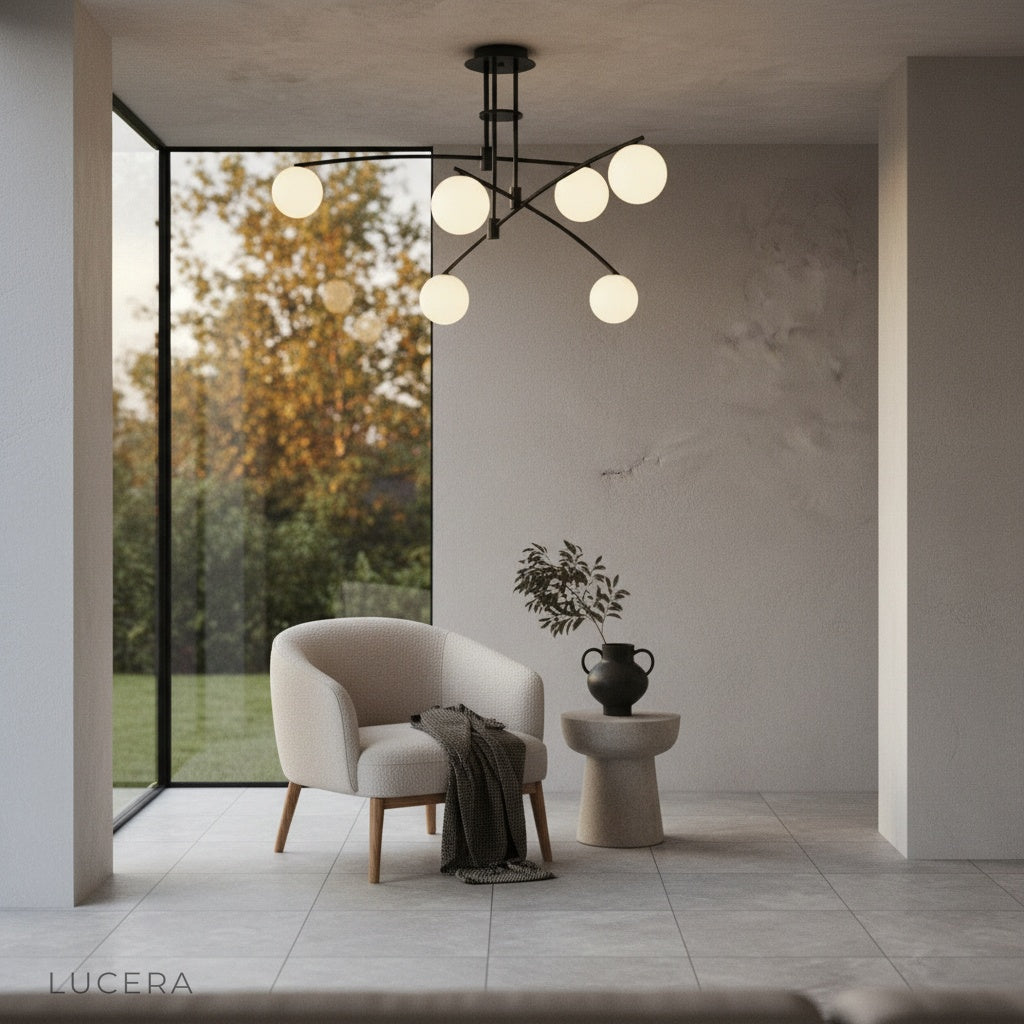 evening ambiance of Yonder ceiling lamp in a hallway with warm light reflecting on polished concrete floor
