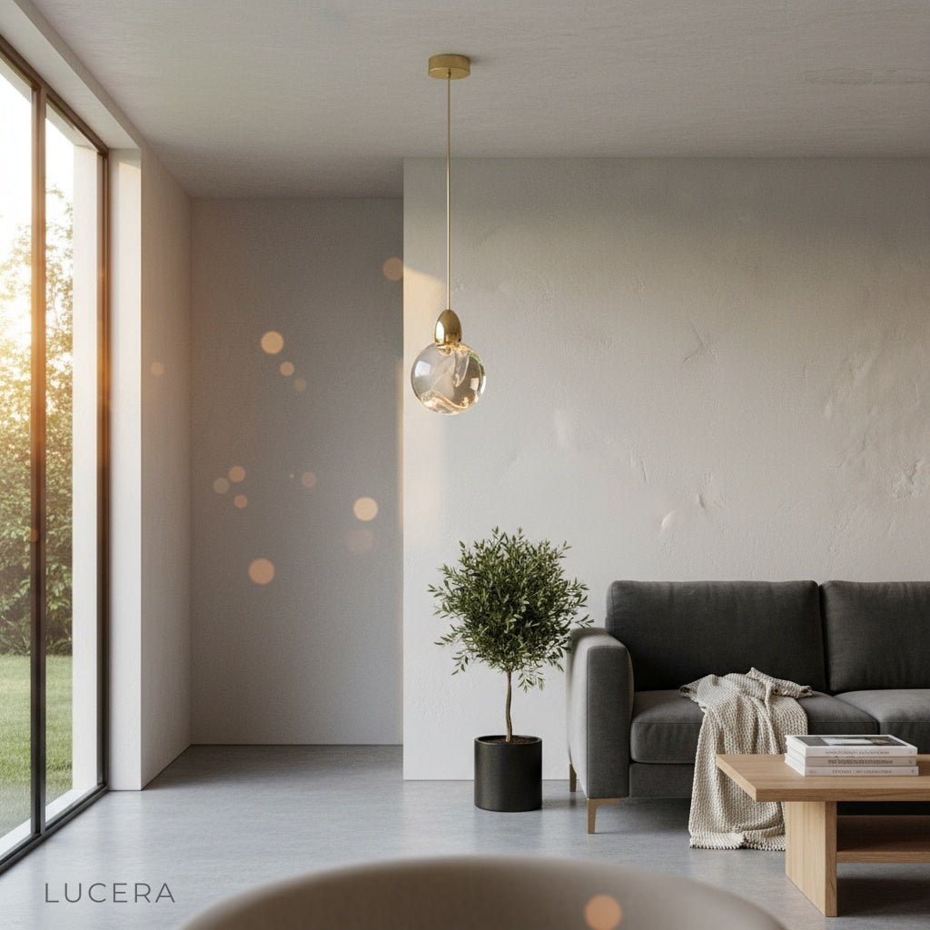 nighttime lifestyle shot of Dawn pendant light illuminating an elegant entryway