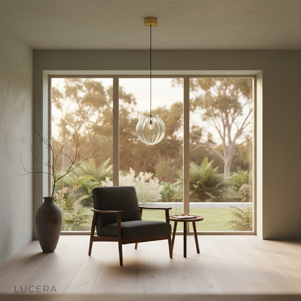 Lucera Tramonto pendant light casting a warm, inviting glow in a stylish living room