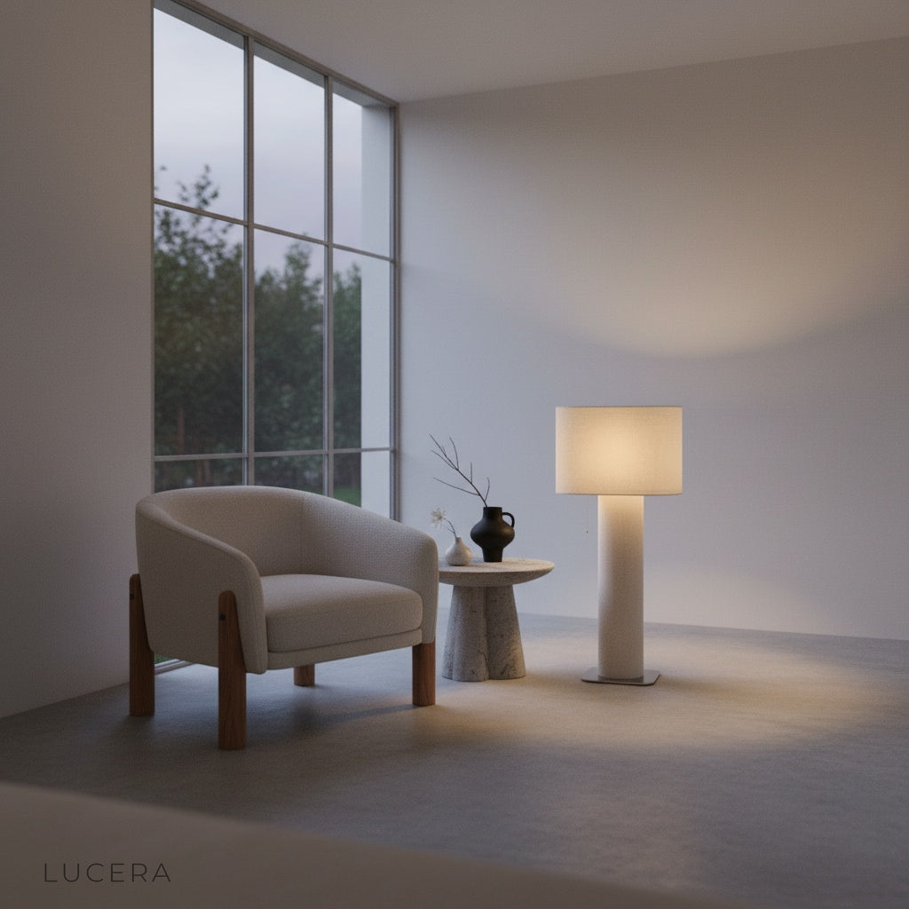 Uther floor lamp glowing softly in dark corner for evening ambiance