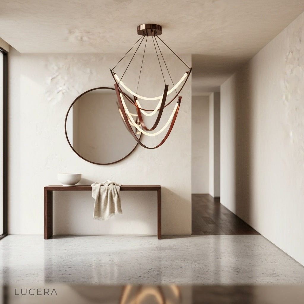 Oceanus chandelier hanging in a bright open-concept kitchen with soft natural daylight