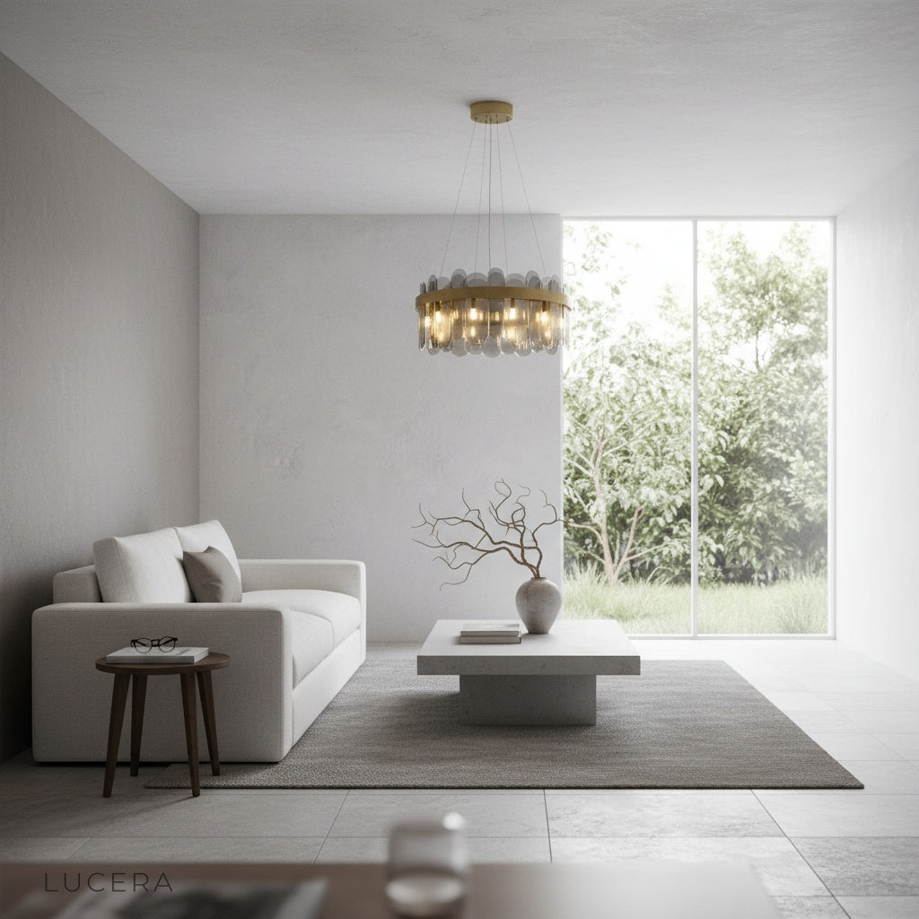 Frosted glass chandelier casting ambient evening glow in cozy bedroom setting